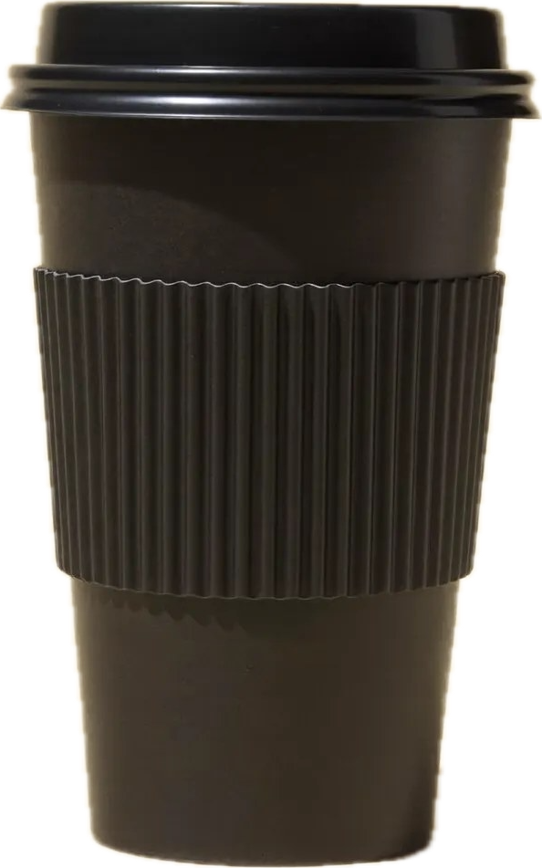 A black ribbed takeaway coffee cup from Coffee Station